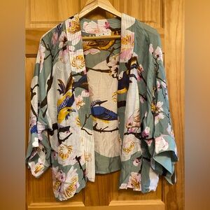 Floral Kimono Jacket - Blossom and Bird, Green and Pink